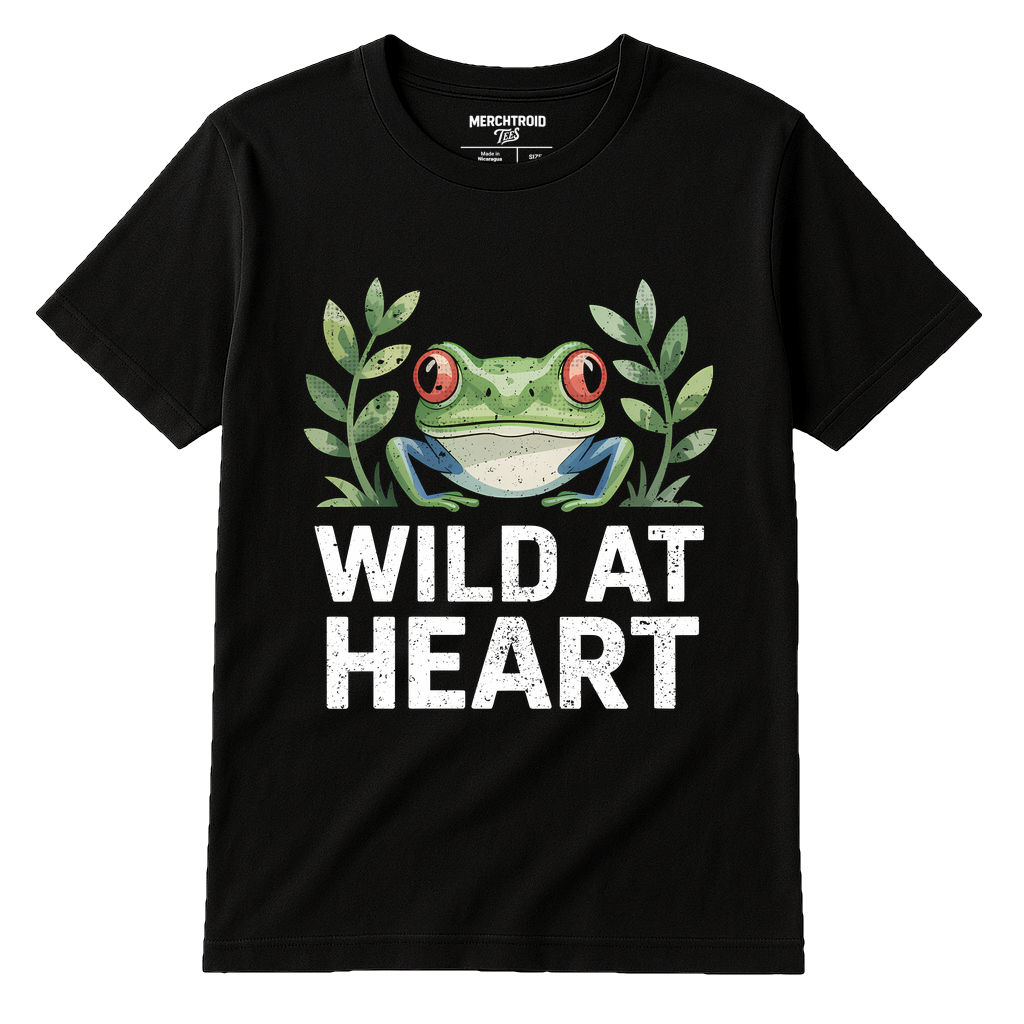 Black Rainforest Shirts - "Wild At Heart" graphic tee with white print, flat lay product photo