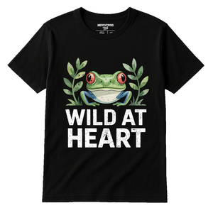 Black Rainforest Shirts - "Wild At Heart" graphic tee with white print, flat lay product photo