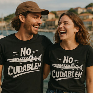 Person wearing the black barracuda t shirt graphic tee - "No Cudablem" design