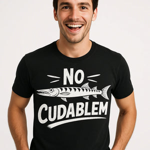 Close-up of the "No Cudablem" white print on a premium Bella+Canvas black barracuda t shirt