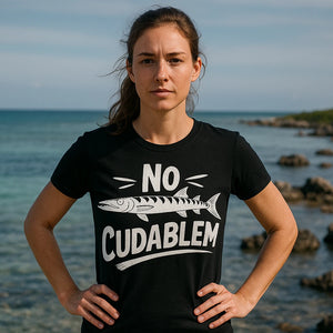 Lifestyle shot of the "No Cudablem" black barracuda t shirt in a real-world setting