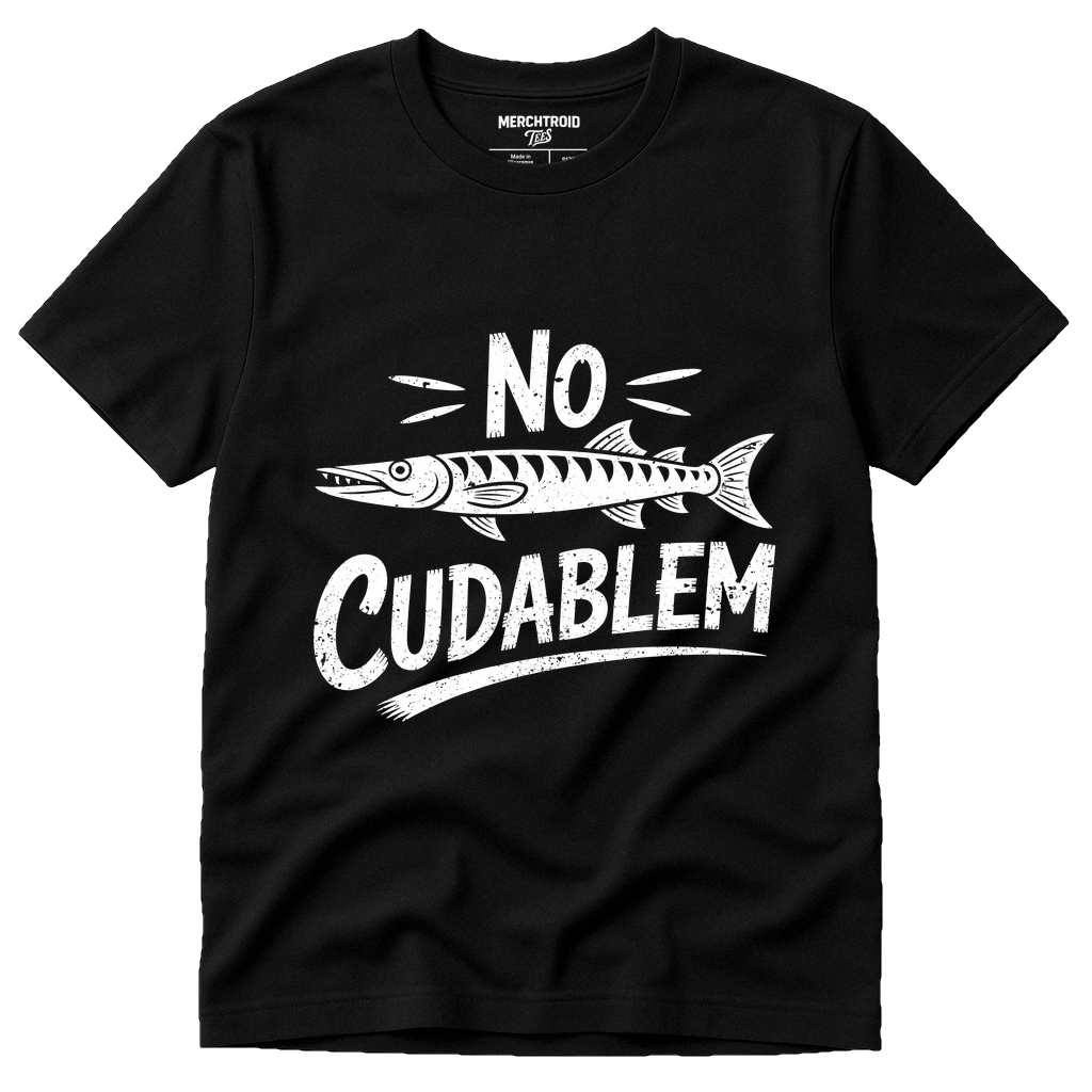 Black Barracuda T Shirt - "No Cudablem" graphic tee with white print, flat lay product photo