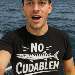 "No Cudablem" black barracuda t shirt, photographed as barracuda lover gift