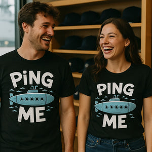 Person wearing the black submarine t shirt graphic tee - "Ping Me" design
