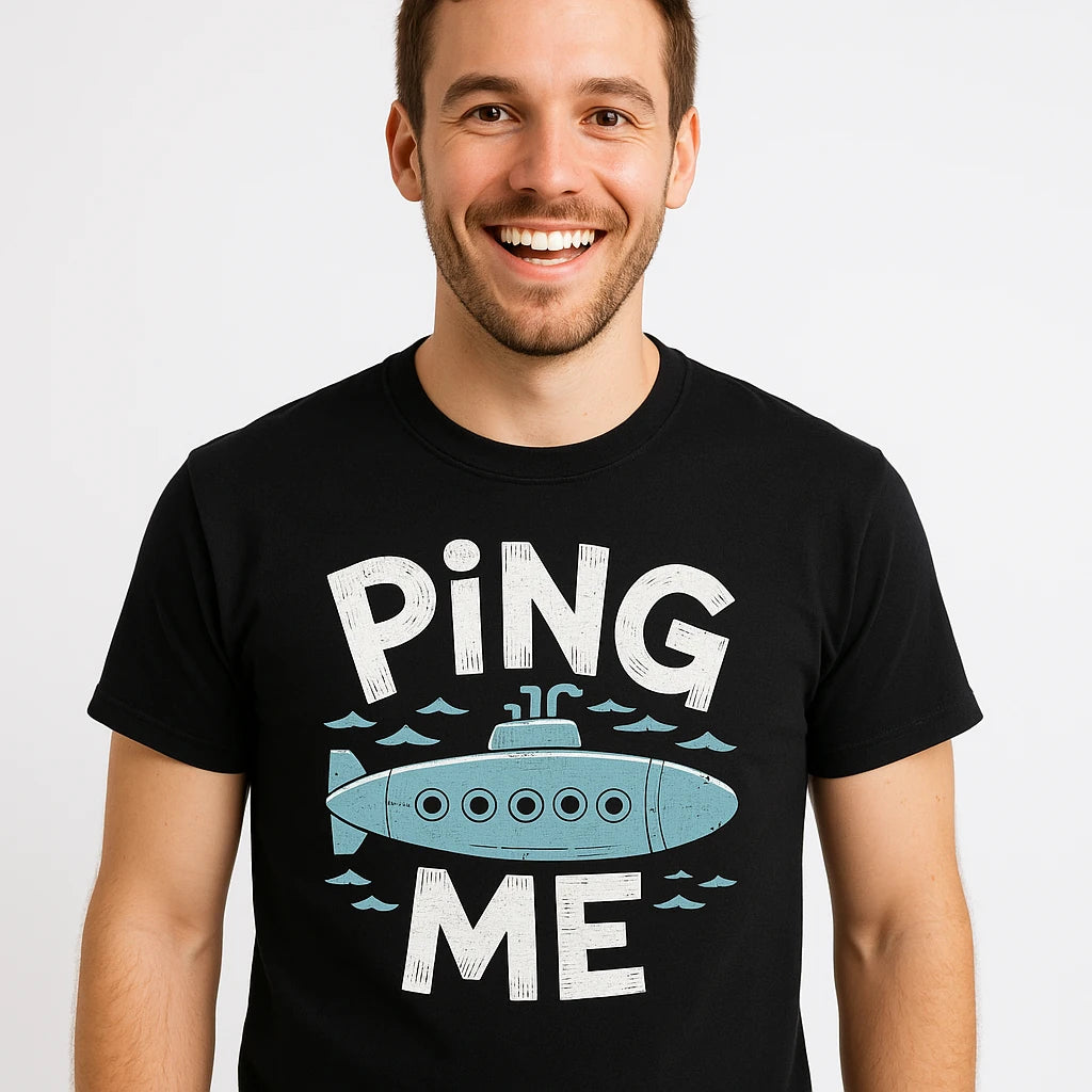 Close-up of the "Ping Me" white print on a premium Bella+Canvas black submarine t shirt
