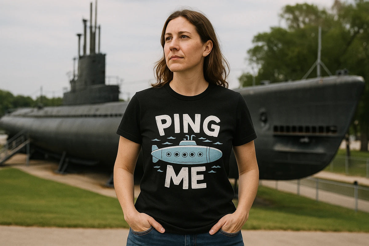 Lifestyle shot of the "Ping Me" black submarine t shirt in a real-world setting