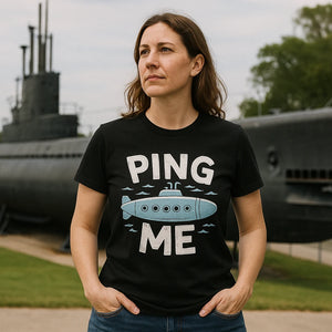Lifestyle shot of the "Ping Me" black submarine t shirt in a real-world setting