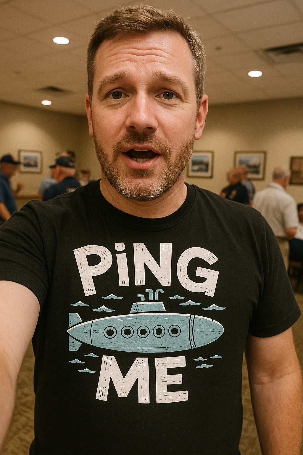 "Ping Me" black submarine t shirt, photographed as submarine lover gift