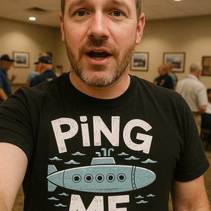 "Ping Me" black submarine t shirt, photographed as submarine lover gift