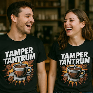 Person wearing the black espresso shirts graphic tee - "Tamper Tantrum" design