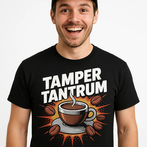Close-up of the "Tamper Tantrum" gray print on a premium Bella+Canvas black espresso shirts