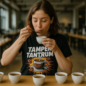 Lifestyle shot of the "Tamper Tantrum" black espresso shirts in a real-world setting