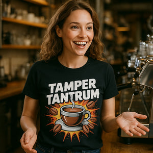 "Tamper Tantrum" black espresso shirts, photographed as presents for espresso lovers