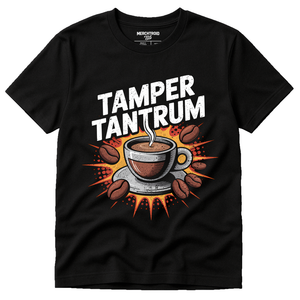 Black Espresso Shirts - "Tamper Tantrum" graphic tee with gray print, flat lay product photo