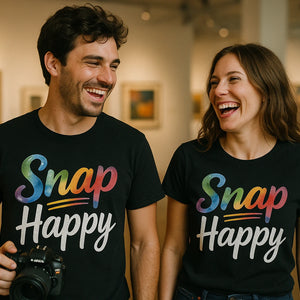 Person wearing the black photographer shirts graphic tee - "Snap Happy" design