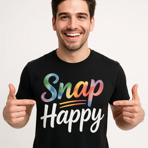 Close-up of the "Snap Happy" gray print on a premium Bella+Canvas black photographer shirts