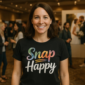 Lifestyle shot of the "Snap Happy" black photographer shirts in a real-world setting