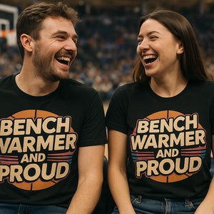 Person wearing the black basketball t shirt graphic tee - "Bench Warmer and Proud" design