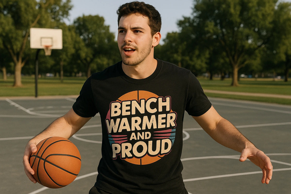 Lifestyle shot of the "Bench Warmer and Proud" black basketball t shirt in a real-world setting
