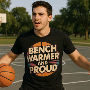 Lifestyle shot of the "Bench Warmer and Proud" black basketball t shirt in a real-world setting