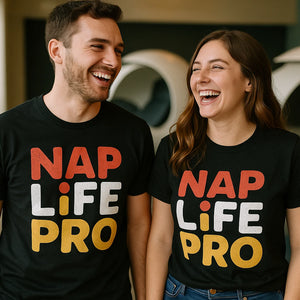 Person wearing the black sleep shirts for women graphic tee - "Nap Life Pro" design