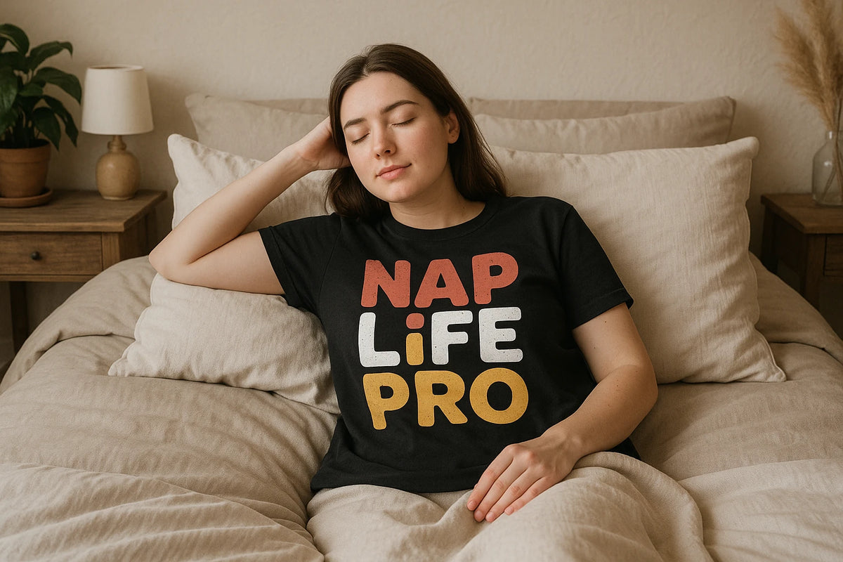 Lifestyle shot of the "Nap Life Pro" black sleep shirts for women in a real-world setting