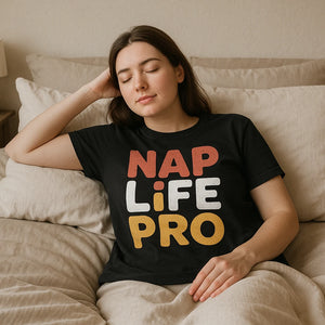 Lifestyle shot of the "Nap Life Pro" black sleep shirts for women in a real-world setting