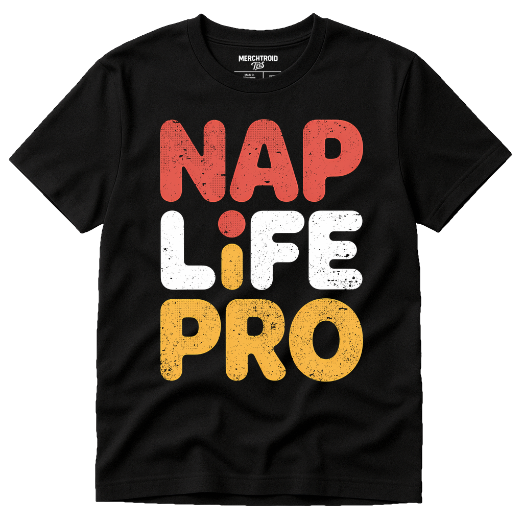 Black Sleep Shirts For Women - "Nap Life Pro" graphic tee with orange print, flat lay product photo