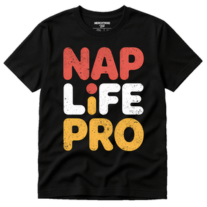 Black Sleep Shirts For Women - "Nap Life Pro" graphic tee with orange print, flat lay product photo