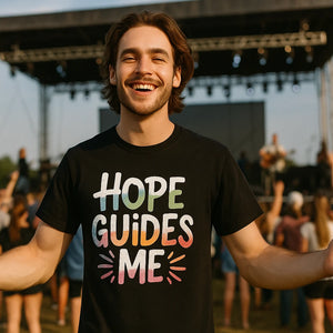 Lifestyle shot of the "Hope Guides Me" black faith t shirt in a real-world setting