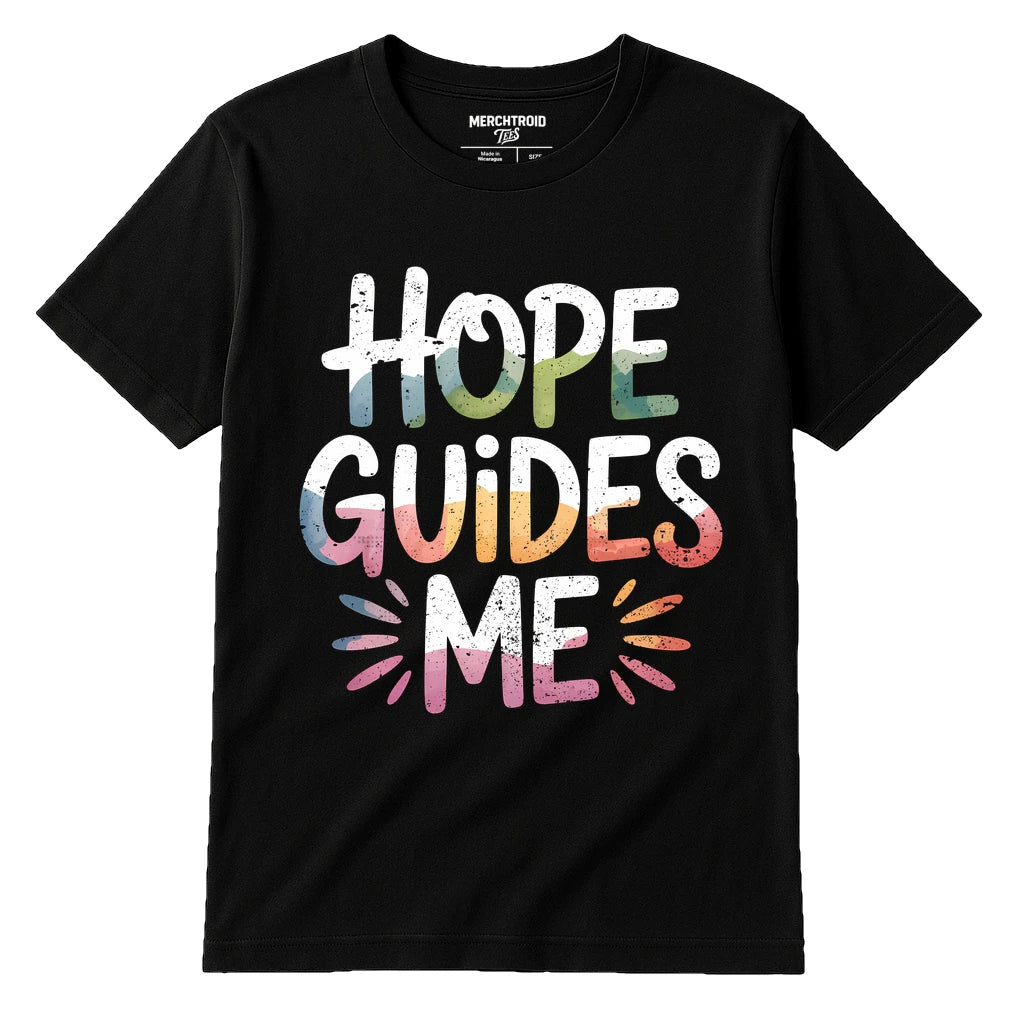 Black Faith T Shirt - "Hope Guides Me" graphic tee with tan print, flat lay product photo