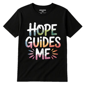 Black Faith T Shirt - "Hope Guides Me" graphic tee with tan print, flat lay product photo