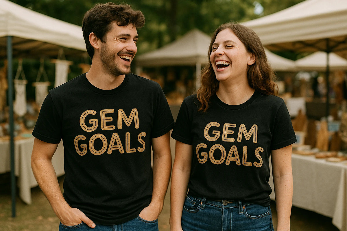 Person wearing the black jewelry making t shirt graphic tee - "Gem Goals" design