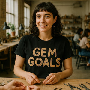 Lifestyle shot of the "Gem Goals" black jewelry making t shirt in a real-world setting