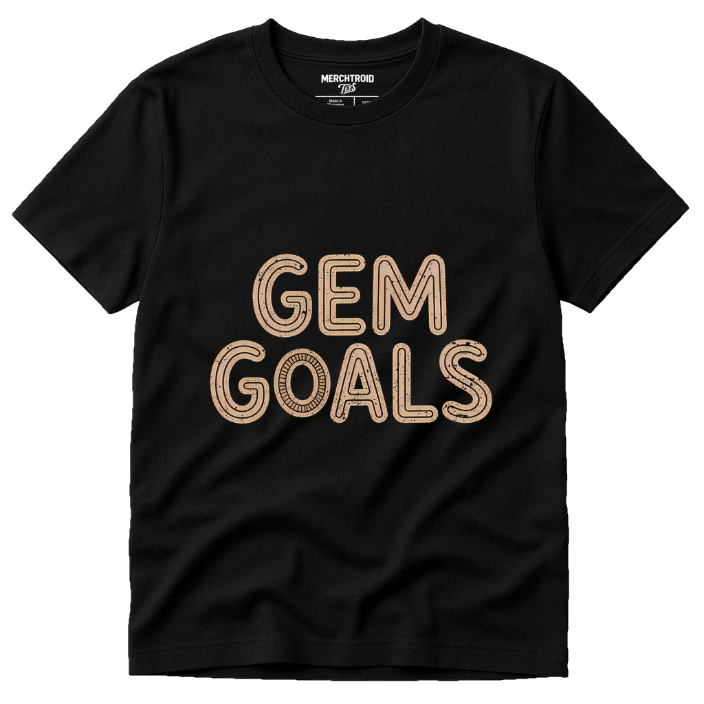 Black Jewelry Making T Shirt - "Gem Goals" graphic tee with tan print, flat lay product photo