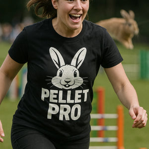 "Pellet Pro" black rabbit tee shirts, photographed as gifts for bunny rabbit lovers