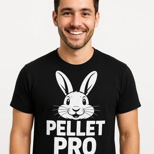Close-up of the "Pellet Pro" white print on a premium Bella+Canvas black rabbit tee shirts