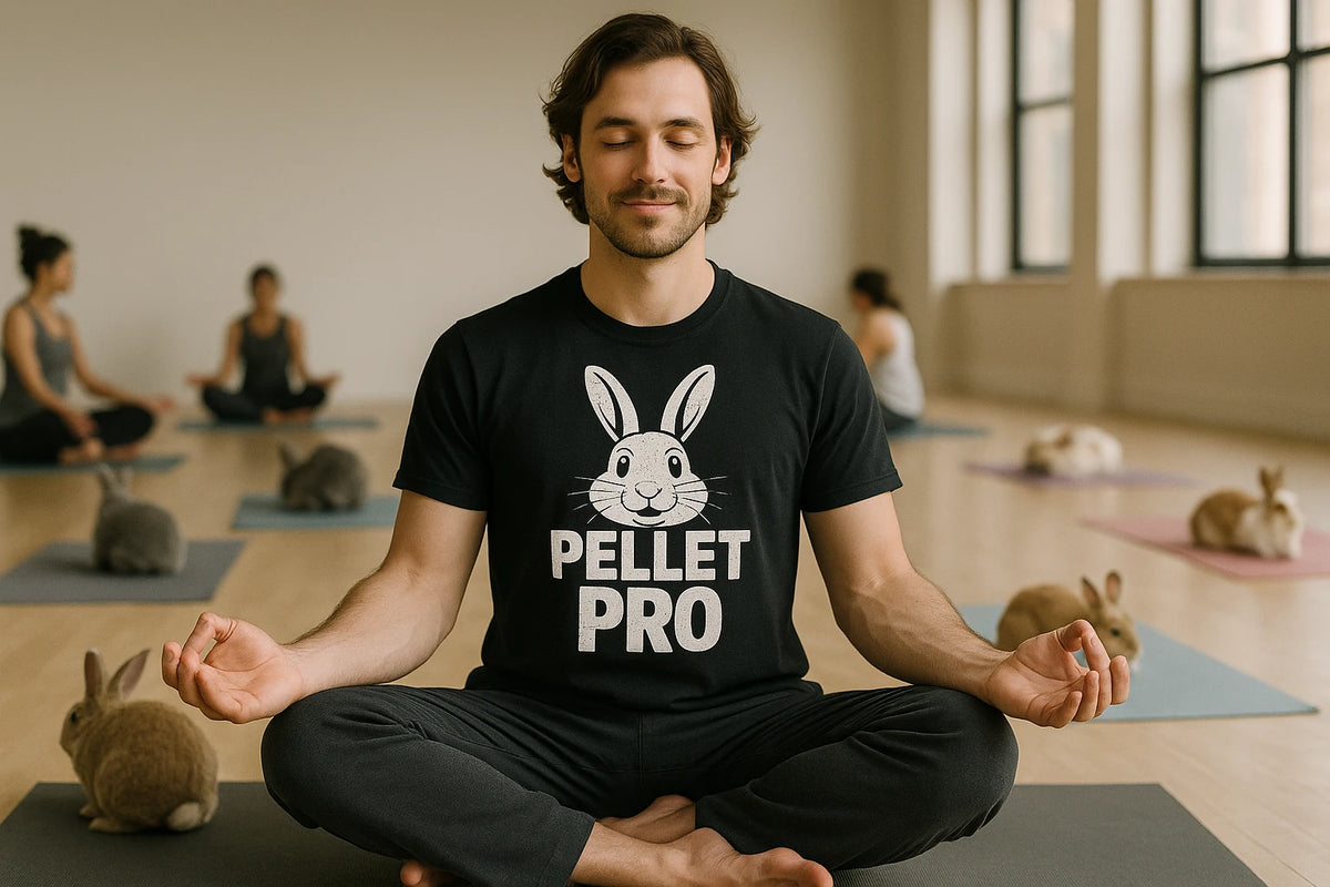 Lifestyle shot of the "Pellet Pro" black rabbit tee shirts in a real-world setting
