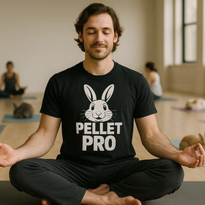 Lifestyle shot of the "Pellet Pro" black rabbit tee shirts in a real-world setting