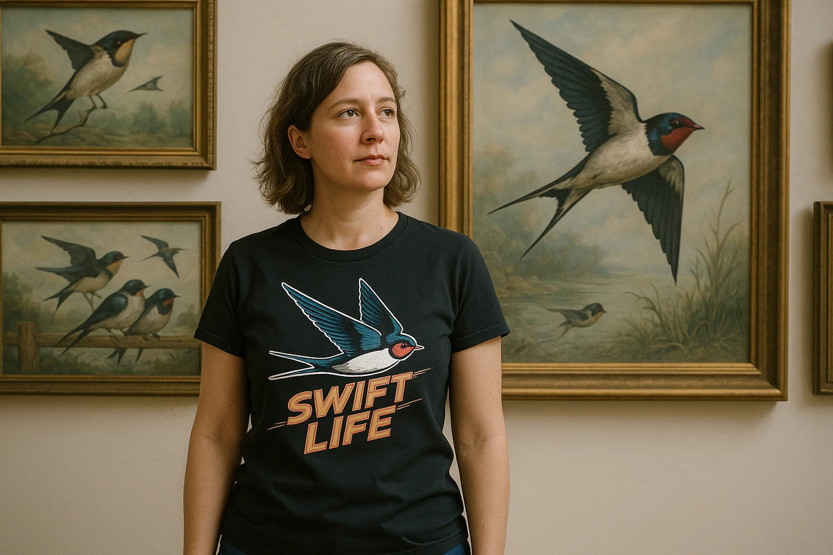 Lifestyle shot of the "Swift Life" black i swallow t shirt in a real-world setting