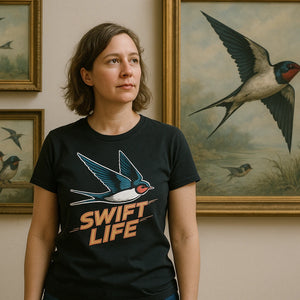 Lifestyle shot of the "Swift Life" black i swallow t shirt in a real-world setting