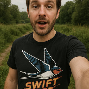 "Swift Life" black i swallow t shirt, photographed as swallow lover gift