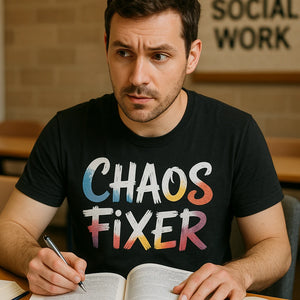 "Chaos Fixer" black social worker t shirt - also a social worker appreciation day gifts