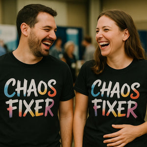 Person wearing the black social worker t shirt graphic tee - "Chaos Fixer" design