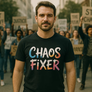 Lifestyle shot of the "Chaos Fixer" black social worker t shirt in a real-world setting