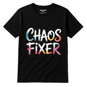 Black Social Worker T Shirt - "Chaos Fixer" graphic tee with white print, flat lay product photo