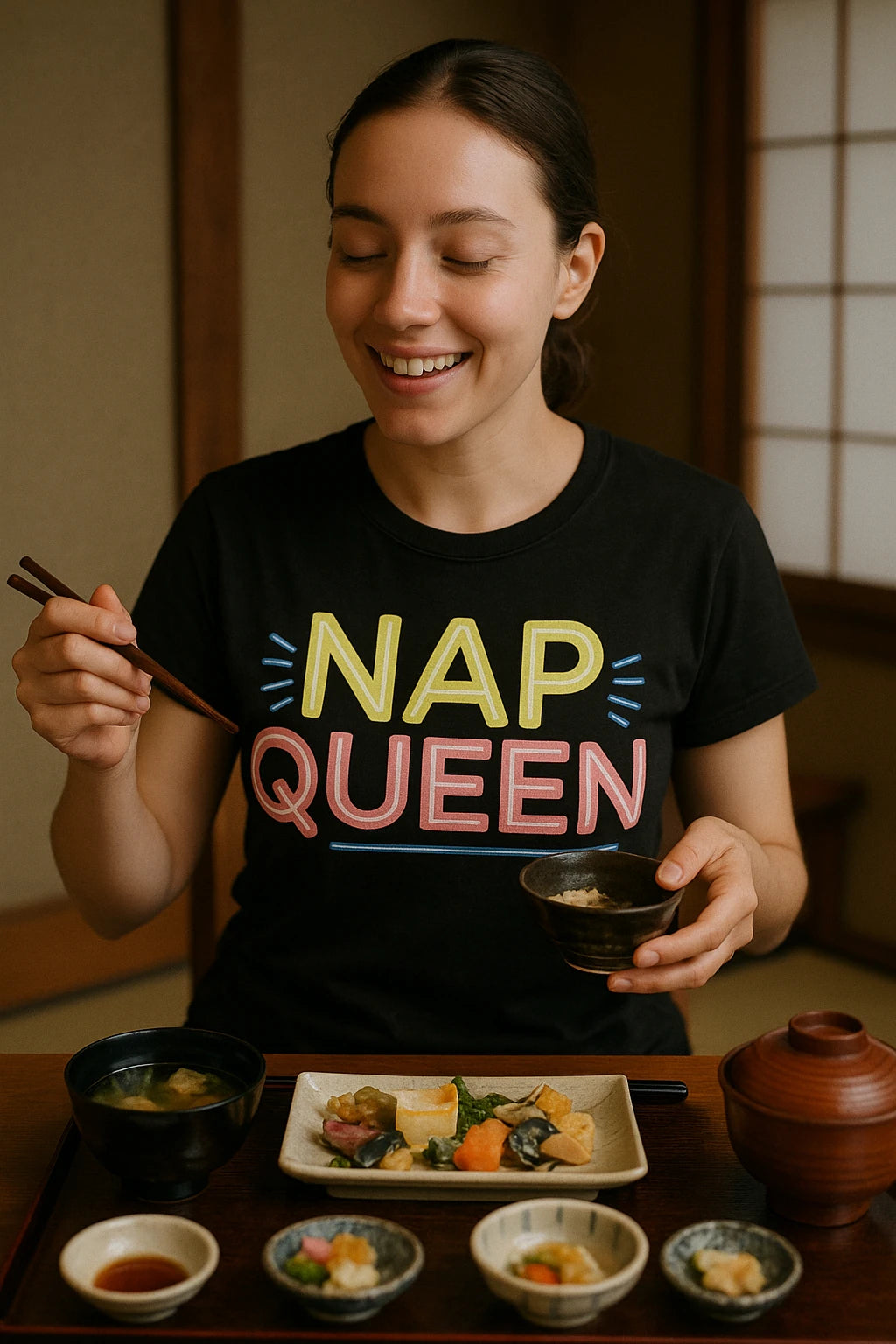 "Nap Queen" black relaxing t shirt - a birthday gift for relaxing lover