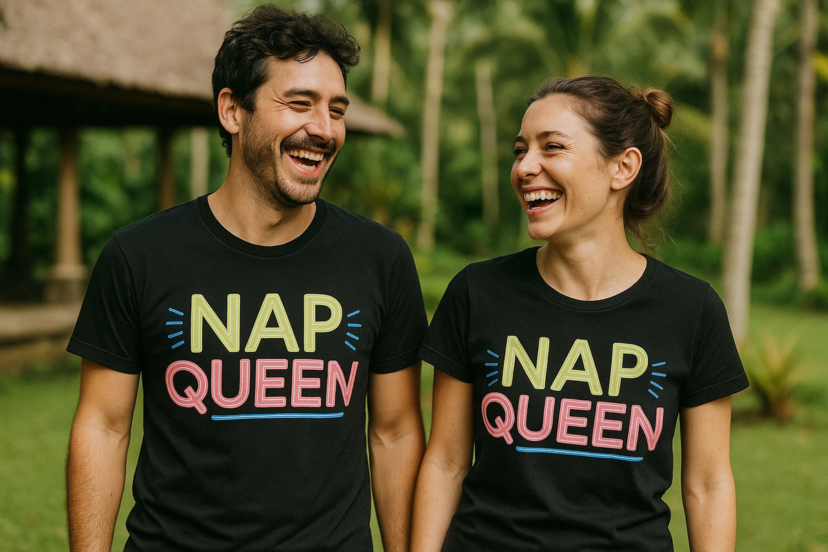 Person wearing the black relaxing t shirt graphic tee - "Nap Queen" design