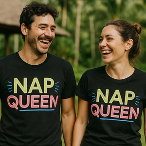 Person wearing the black relaxing t shirt graphic tee - "Nap Queen" design