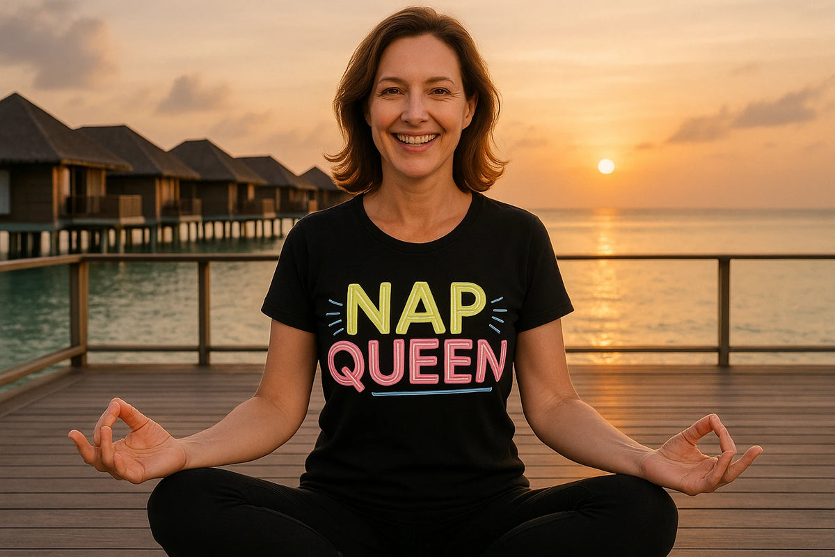 Lifestyle shot of the "Nap Queen" black relaxing t shirt in a real-world setting